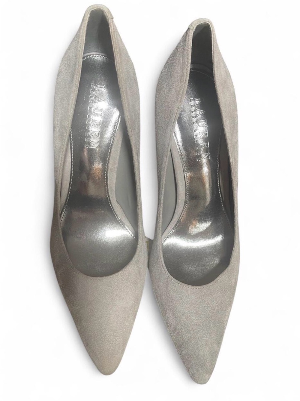 Suede Pointed-Toe Pumps in Light Gray -